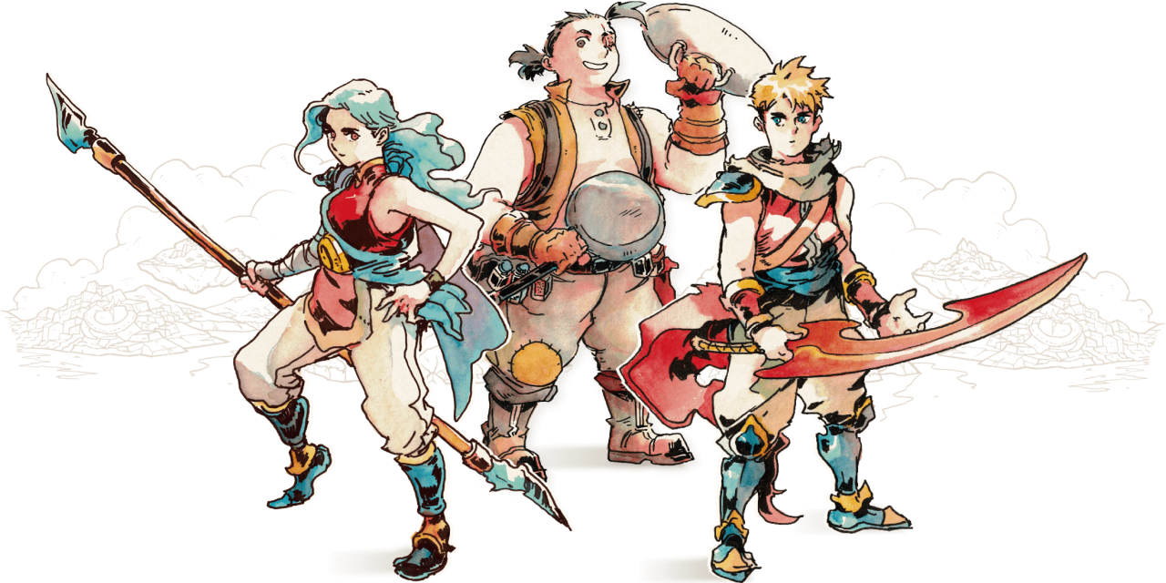 official art of the three young heroes of sea of stars. from left to right, there is valere, the battle monk who worships the moon god and has long, light blue hair; garl, the warrior cook who wields a large pot lid and frying pan as weapons and is missing an eye; and zale, the blade dancer who worships the sun god and has short blond hair. the art is in a storybook style and there are wispy clouds behind the trio